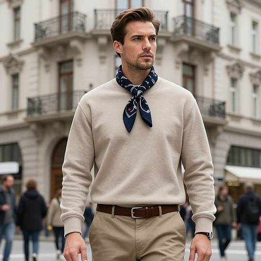 Photograph of a handsome, brown-haired man with a trimmed beard, wearing a cream sweater, navy scarf, beige pants, and brown belt, walking