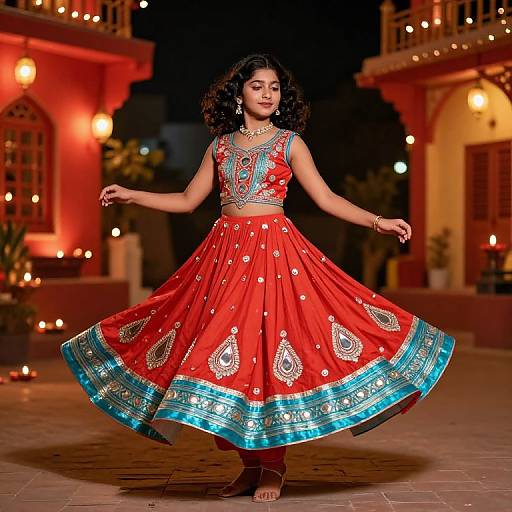 Photograph of a woman in a vibrant red lehenga with blue and silver embroidery, dancing at night in a warmly lit, ornate courtyard.