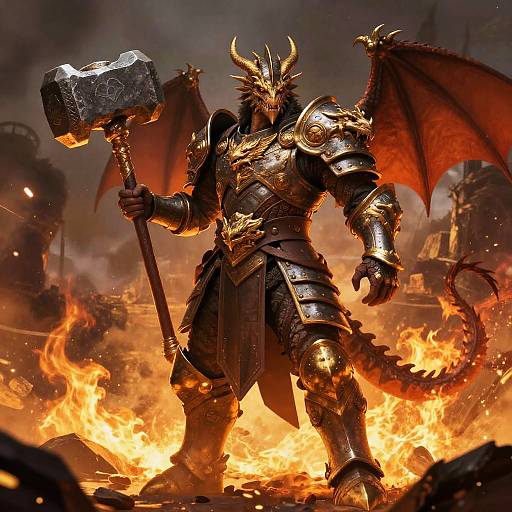 Digital artwork of a muscular, armored, golden dragon warrior with wings, horns, and fiery eyes, wielding a massive hammer, standing amidst blazing flames and