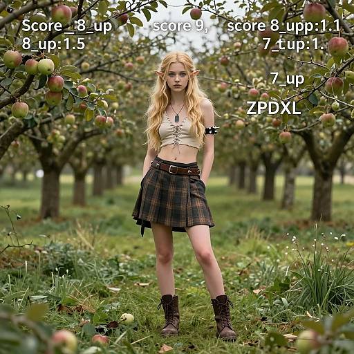 Digital artwork of a blonde elf woman in a plaid skirt and crop top, standing in an apple orchard with score text overlay. She has pointed