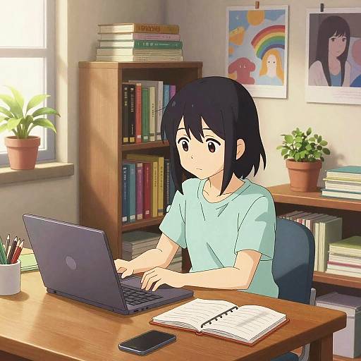 Anime-style digital illustration of a young girl with black hair, wearing a light blue shirt, typing on a laptop in a sunlit room with booksh