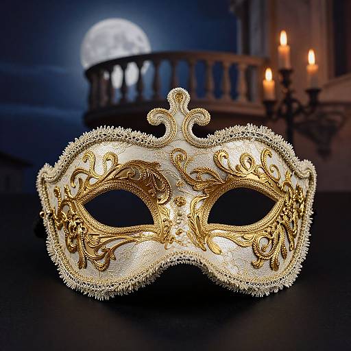 Golden, ornate Venetian masquerade mask with intricate designs, illuminated, against a dark background with a full moon and candlelit balcony.