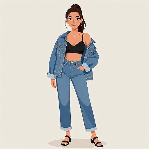 Digital illustration of a confident woman with dark hair in a ponytail, wearing a black crop top, blue denim jacket, high-waisted jeans,