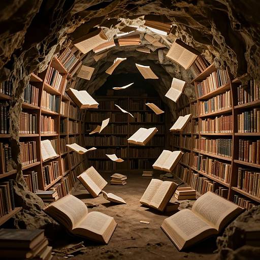 Photograph of a mystical cave-like library with floating, illuminated books surrounded by wooden shelves filled with more books.