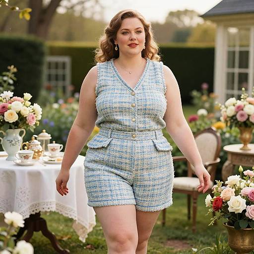 Photograph of a plus-sized woman with fair skin and wavy brown hair, wearing a light blue, textured, sleeveless jumpsuit, walking in