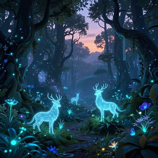 Digital illustration of a mystical forest at twilight, featuring glowing blue deer and bioluminescent flowers, surrounded by twinkling fireflies and dense, dark