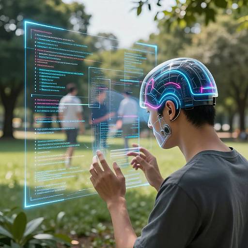 Photograph of a man with a glowing, neon-blue, futuristic headset interacting with code-filled hologram in a sunny park. Blurred people in background
