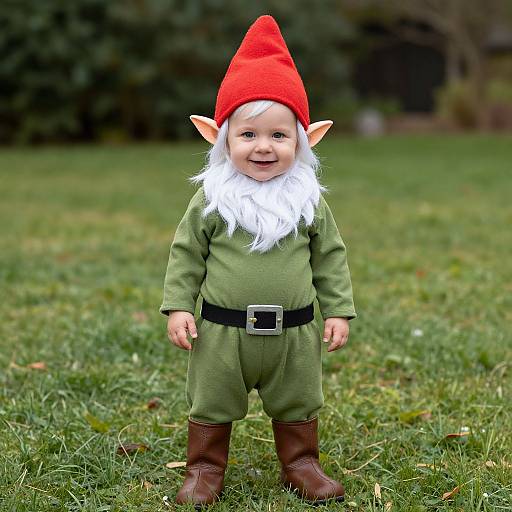 Photograph of a smiling baby elf doll with red hat, white beard, green outfit, black belt, brown boots, standing on grass.