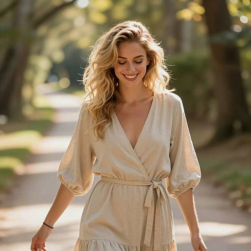 Joyful Woman on Sunlit Woodland Path