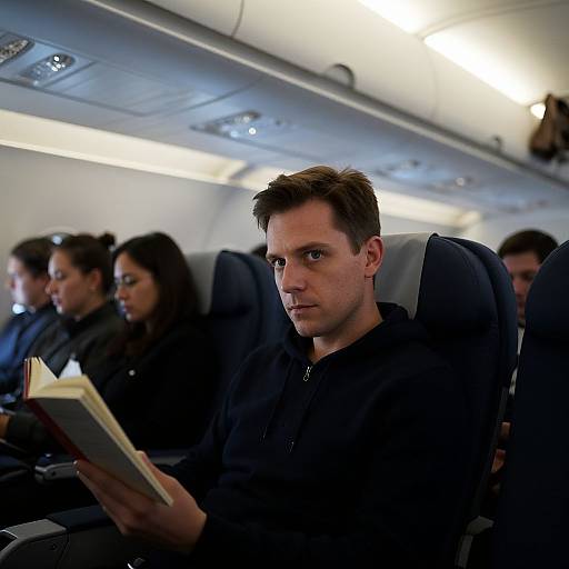 Photograph of a serious young man with short brown hair, wearing a black shirt, reading a book in an airplane cabin.