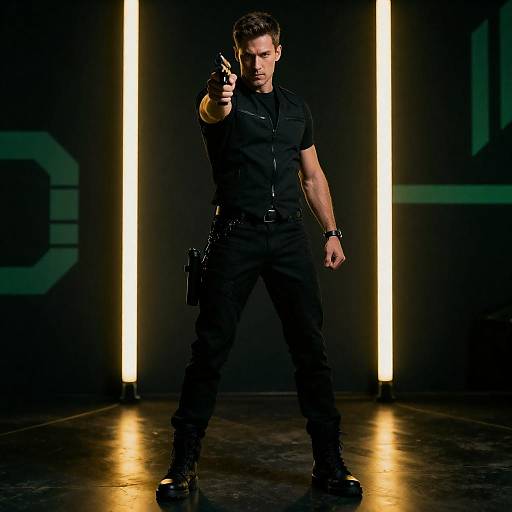 Dynamic Action Hero in Neon Setting