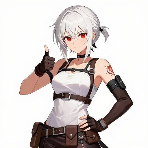 Digital anime-style drawing of a white-haired, red-eyed girl with a black choker, fingerless gloves, and a white tank top with black straps