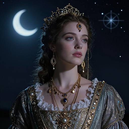 Photograph of a fair-skinned, blue-eyed woman with wavy brown hair, wearing an ornate gold crown, necklace, earrings, and lace