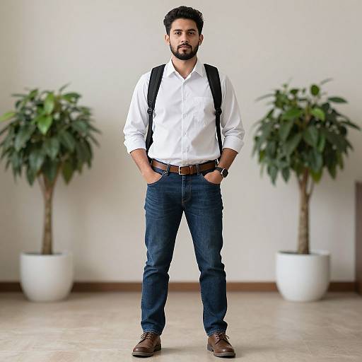 Photograph of a bearded man with dark hair, wearing a white shirt, blue jeans, brown belt, brown shoes, and black suspenders,