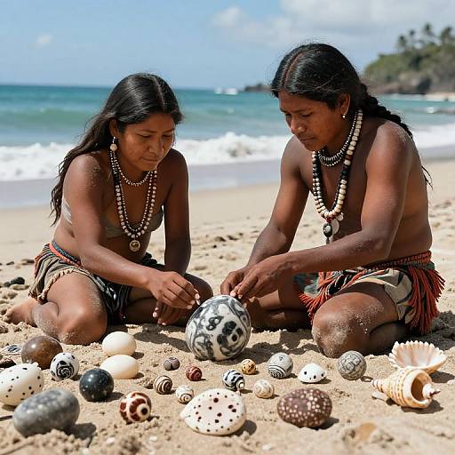 Photograph of two topless Indigenous women with dark skin and long black hair, kneeling on a sandy beach, sorting seashells and a black-and