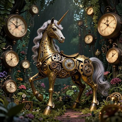 Digital artwork of a golden, gear-driven unicorn with a white mane and tail, surrounded by floating antique clocks in a lush, dark forest with vibrant flowers