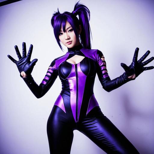 Cosplayer in Black and Violet Fitted Catsuit