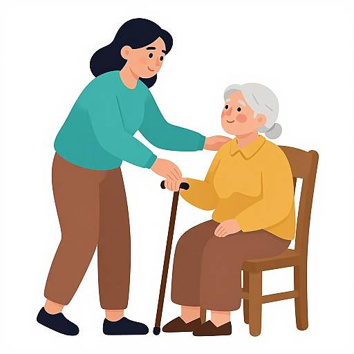 Illustration of a young woman in a teal shirt and brown pants helping an elderly woman in a yellow shirt and brown pants, who is seated on a
