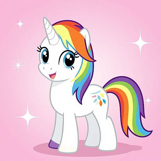 Bright digital illustration of a cute, white unicorn pony with a rainbow mane and tail, large expressive eyes, and a happy expression, set against a pink