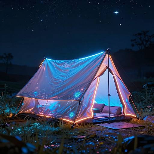 Futuristic Neon Starlight Camping Scene