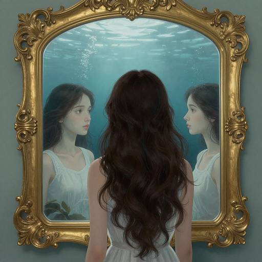 Photograph of a young woman with long, wavy black hair, wearing a white sleeveless dress, standing before an ornate gold-framed mirror