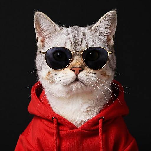 Photograph of a gray and white cat wearing round black sunglasses and a bright red hoodie against a black background.