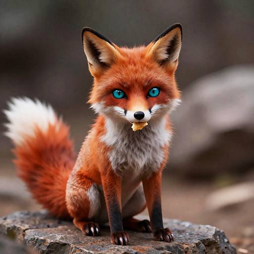 Red Fox with Teal Eyes Sitting on Rock