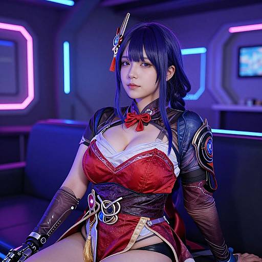 Photograph of an Asian woman cosplaying as a fantasy character with long black hair, red and black outfit, large breasts, and intricate accessories, seated