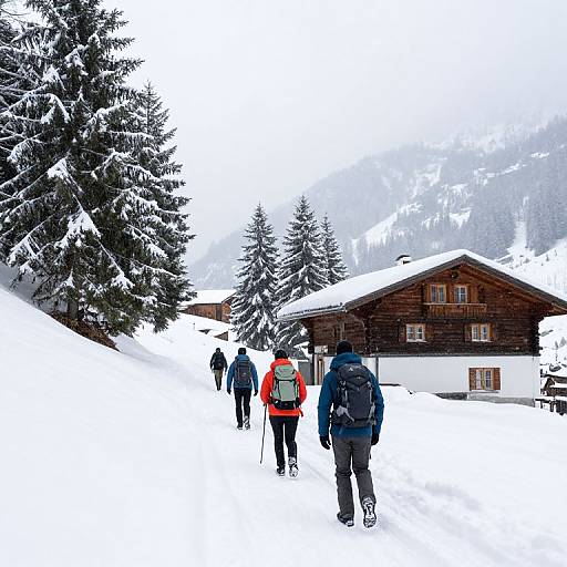 Photograph of five hikers in winter gear, walking towards a snow-covered wooden chalet with tall, snow-laden pine trees in the background.