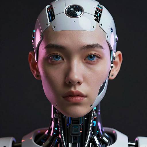 Photorealistic CGI of a young, androgynous, light-skinned person with blue eyes and a robotic, cybernetic head against a