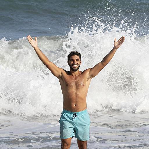 Joyful Man in Front of Ocean Waves