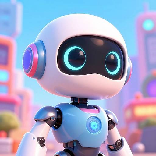 CGI image of a cute, white, cartoon robot with large blue eyes and glowing circular accents, set against a vibrant, blurred cityscape.