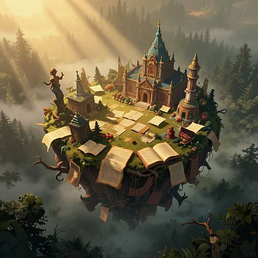Fantastical, sunlit floating library castle with ornate spires, open books, statues, and lush greenery, surrounded by misty forest