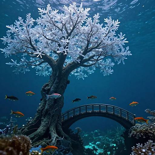 Photograph of a glowing white underwater tree with vibrant fish, surrounded by coral, and a dark, arched bridge in the background.