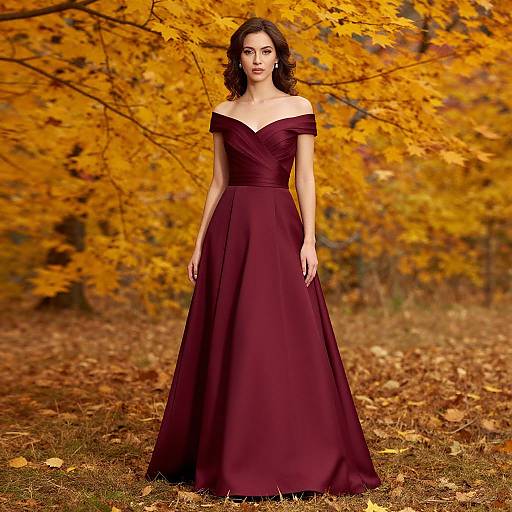 Photograph of a woman in an off-the-shoulder, deep purple, floor-length gown standing in an autumn forest with vibrant yellow leaves.
