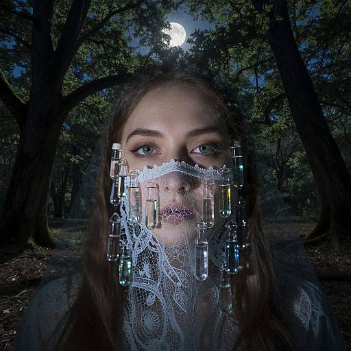 Photograph of a woman with long brown hair, blue eyes, wearing a face mask of lace, glass bottles, and a crescent moon in a