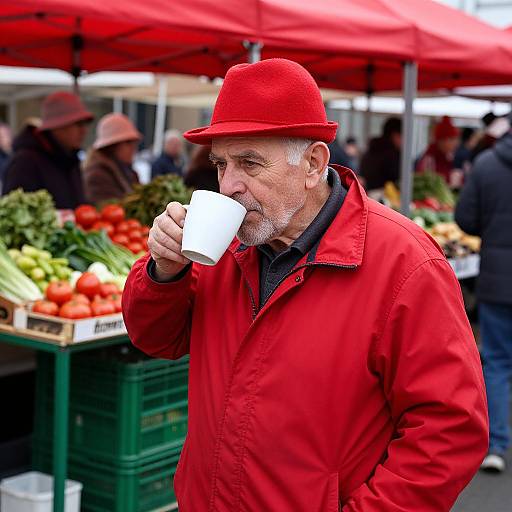 Photograph of an older white man with gray beard, wearing a red hat and jacket, sipping a white coffee cup at a bustling outdoor market with