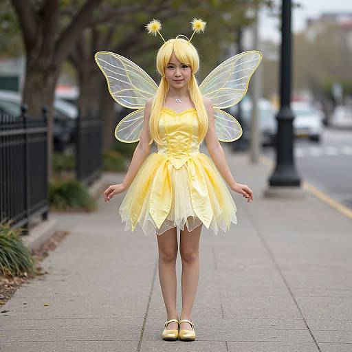Photograph of a young woman in a yellow fairy costume with translucent wings, antennae headband, and yellow dress, walking on a city sidewalk.