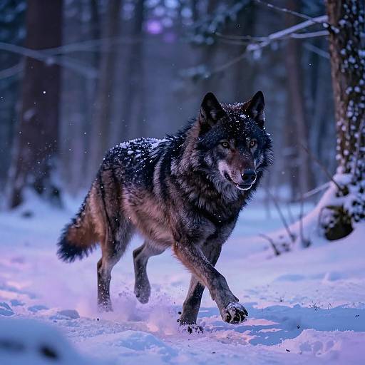 Photograph of a black and brown wolf mid-stride in a snowy forest, snowflakes visible, blue-purple twilight lighting, trees in background.