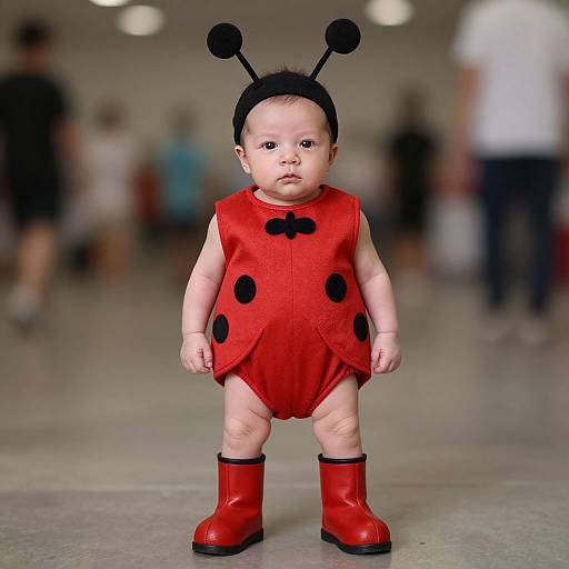 Photograph of a baby wearing a red sleeveless Bugs Bunny costume with black dots, black antennae headband, and red boots, standing in a