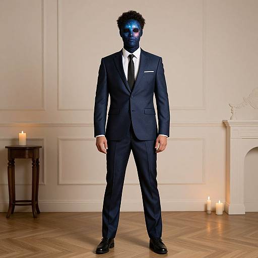 Photograph of a man in a dark navy suit, white shirt, and black tie, with a blue-painted face, standing in a warmly lit