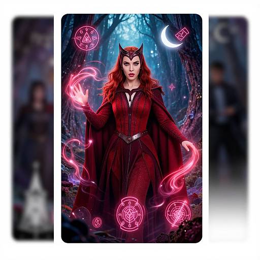 Digital art of a red-haired, red-cloaked witch casting pink magic spells in a dark, forested night scene with a crescent moon.