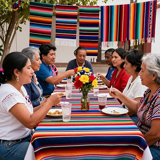 Photograph of six Hispanic adults, both men and women, seated around a colorful striped table, eating, with vibrant textiles in the background.