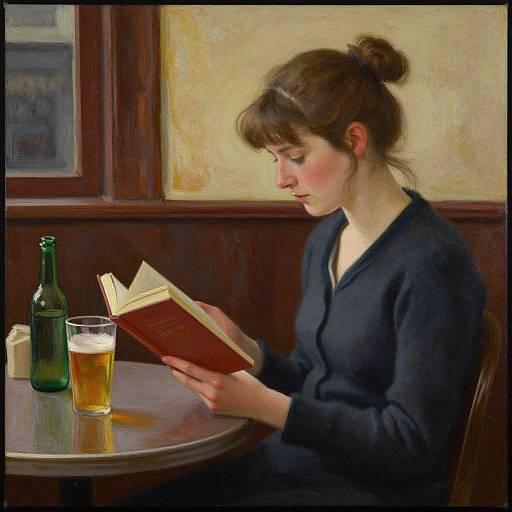 A painting of a young woman with brown hair in a bun, wearing a dark blue sweater, reading a book at a wooden table with a beer glass