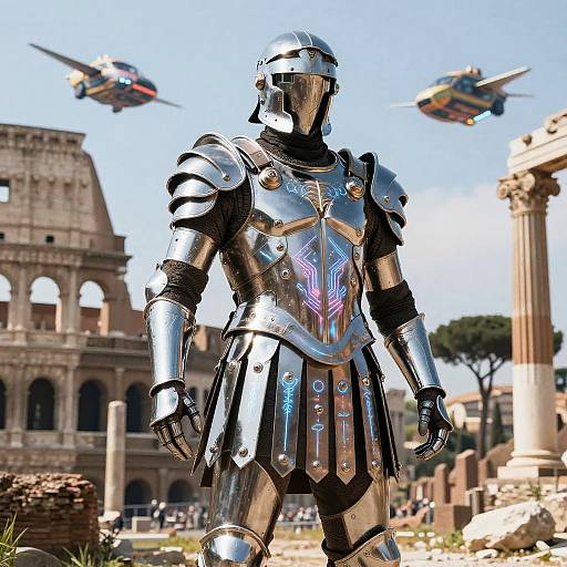 Futuristic Roman Warrior Amidst Ruins