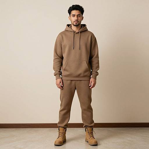 Photograph of a bearded man with dark hair, wearing a beige hoodie and matching pants, tan boots, standing against a plain white wall.
