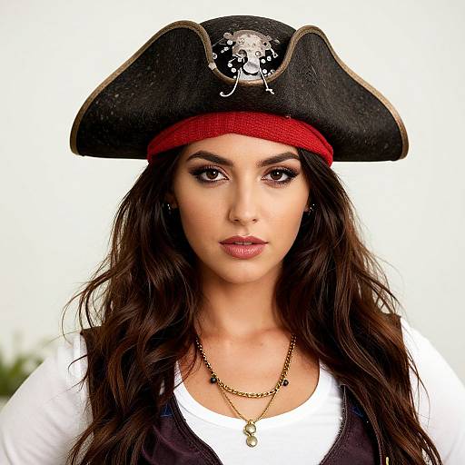 Photograph of a woman with long dark hair, brown eyes, and olive skin, wearing a black pirate hat with a red band, white shirt,