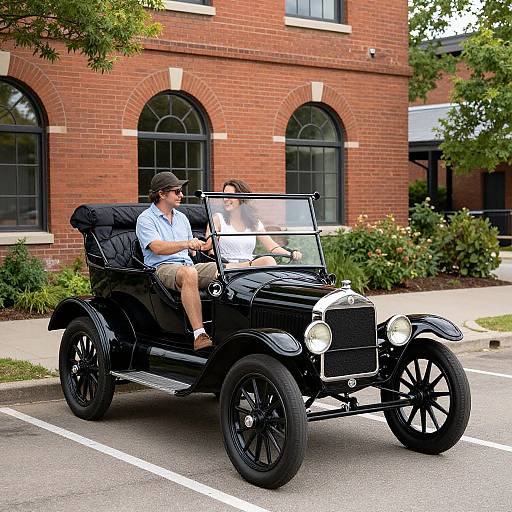 Photograph of a man in a light blue shirt and khaki shorts driving a black vintage car with a clear windshield, parked in front of a red