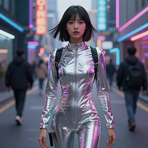 Photograph of an Asian woman with short black hair, wearing a shiny silver, long-sleeve, zip-up jumpsuit, walking in a neon