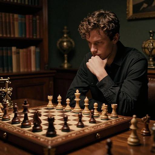 Photograph of a curly-haired, mustached man in a black shirt, deeply focused on a chessboard in a dimly lit, book-filled study